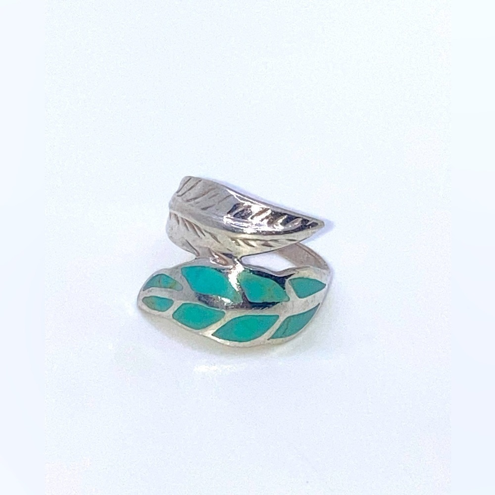 Vtg Sterling & Turquoise Inlay Inlaid Feather / Leaf Bypass Style Ring Sz 6.75